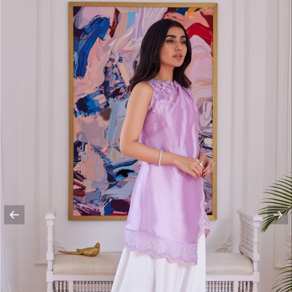 Farah Talib Aziz Pakistani Indian Lavender Raw Silk Wrap Shirt With Sleeves - Picture 3 of 15